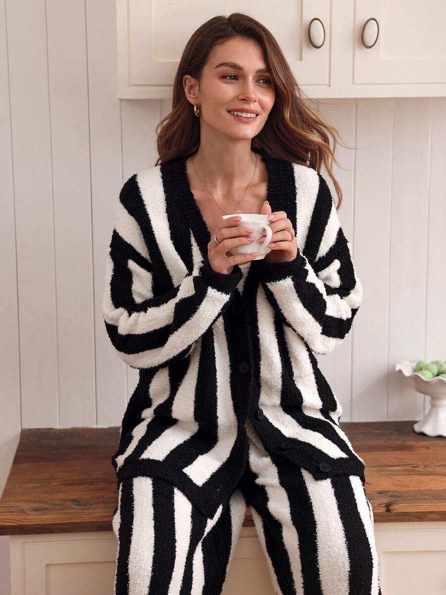 Louniche 女士休闲条纹针织睡衣套装（两件套），秋冬款 - 黑與白 - 查看 1