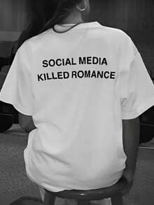 Glimmora 社交媒体扼杀浪漫主义图案印花女式圆领 T 恤 - 白色 - 查看 2