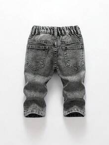 SHEIN 男婴日常休闲灰色牛仔长裤，纯色图案细节婴儿慢跑牛仔裤，男婴牛仔裤 - 灰色 - 查看 2