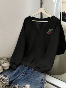 SHEIN EZwear Sudadera holgada de cuello en V talla grande para mujer, talla grande, color negro, adecuada para vacaciones, vuelta al colegio, otoño/invierno, salida nocturna, tops para salir - Negro - Ver 3