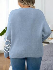 Calvaya Plus Size Women Casual Commuter Floral Pattern Drop Shoulder Loose Pullover Sweater, Autumn/Winter - Baby Blue - View 2