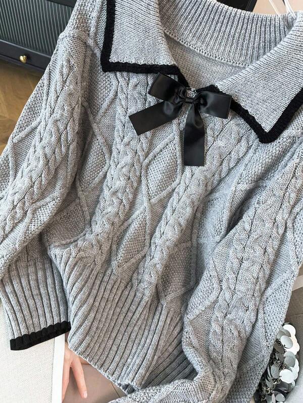 Regalyn Plus Size Elegant Luxury Gray Peter Pan Collar Bowknot Fitted Long Sleeve Knit Sweater, Thick Fall Winter Cloth For Women Autumn