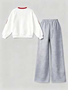 SHEIN Girlism Bộ đồ thể thao dệt kim cổ tròn in chữ và số phong cách đường phố thường ngày dành cho bé gái tuổi mới lớn và quần ống rộng xếp ly, màu xám, trang phục trở lại trường - Nhiều màu - Xem 2