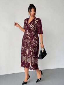 Firerie Plus Size Spring/Autumn Comfortable Casual Elegant Resort Underwire Lace Contrast Lining Stretchy Women Long Sleeve Dress For Office Burgundy/New Year - Burgundy - View 1