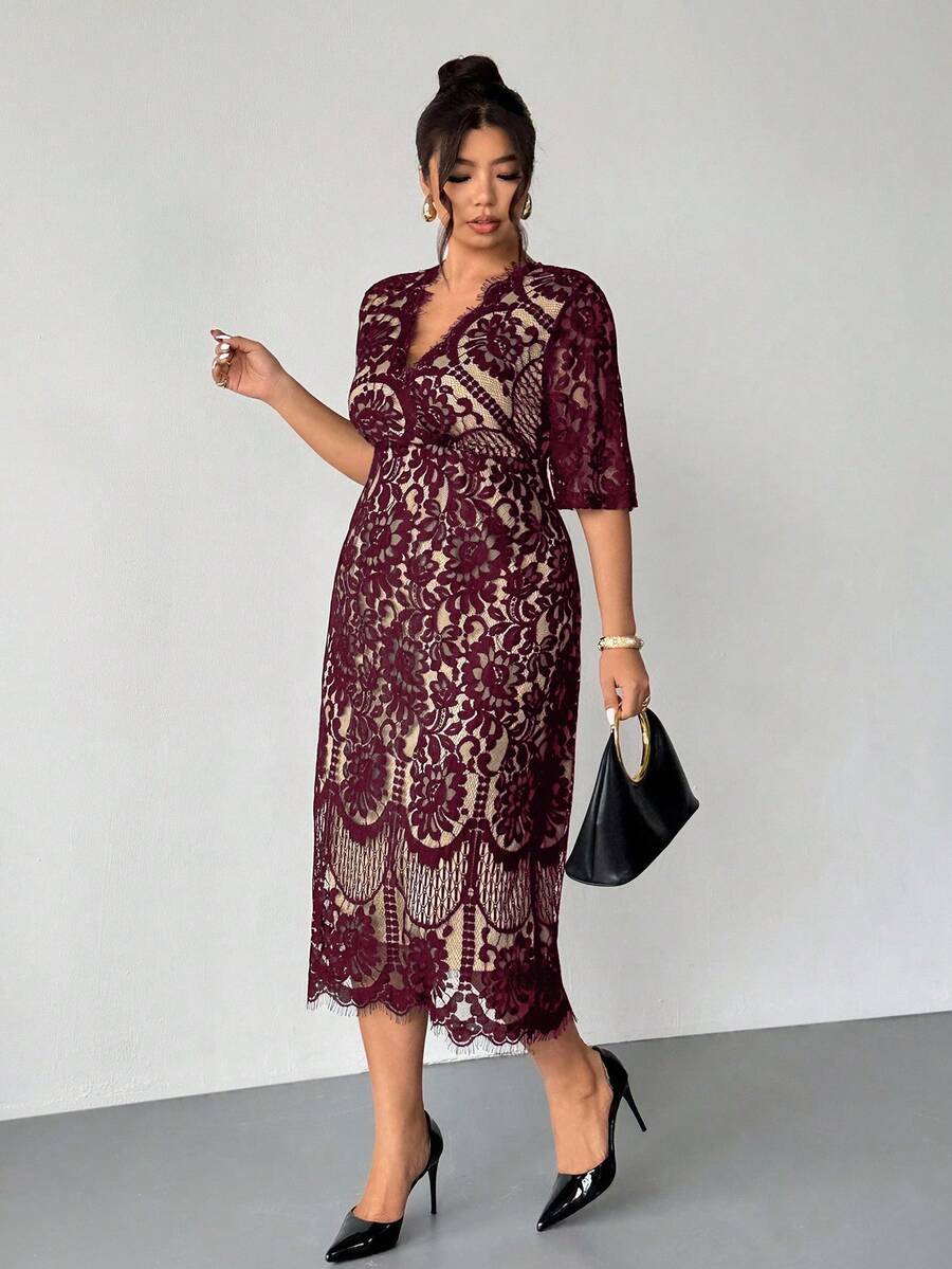 Firerie Plus Size Spring/Autumn Comfortable Casual Elegant Resort Underwire Lace Contrast Lining Stretchy Women Long Sleeve Dress For Office Burgundy/New Year - Burgundy - View 1