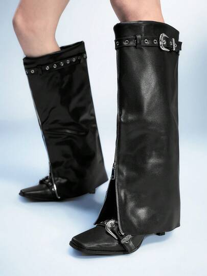 Sugerpunk 女式带扣拉链铆钉装饰方头细高跟靴