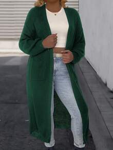 SHEIN LUNE Plus Size Casual Daily Solid Color Double Pocket Front Open Cardigan, Autumn