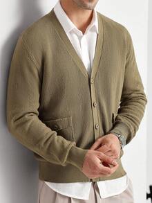 Manfinity Homme 男士休闲V领纽扣开衫，纯色，适合日常通勤，秋季男士针织开衫，男士毛衣外套，针织衫，男士羊绒衫，男士服装 - 卡其色 - 查看 3