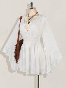 SHEIN ICON 加大码 V 领褶饰 A 字形喇叭袖连衣裙，波西米亚风、嬉皮风、Y2K 风格，适合夏季、游牧风、暑假、音乐节、毕业典礼和返校服装 - 白色 - 查看 8