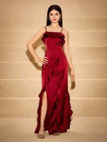 Satin Slip Dress With Ruffle Hem And Square Neck, High-End Fitted Silhouette, Long Length, Suitable For Weddings, Galas, Birthdays, Proms, Graduations, Christmas, Halloween - Burgundy - View 4