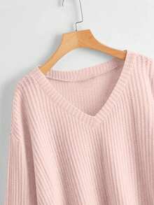 SHEIN Unity Women's Solid Color V-Neck Casual Versatile Long Sleeve T-Shirt - Baby Pink - View 4