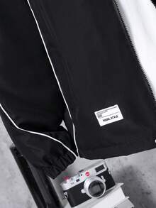 1pc Teenage Boys' Black Hooded Jacket, Contrast Stripe Design, Casual HOOGE STYLE Label, Fashionable Streetwear, Versatile - Black - View 5