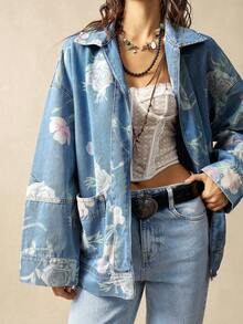 Bohemela 秋冬女式休闲水洗复古牛仔印花长袖开襟宽松立领口袋夹克，西部乡村风格，适合度假、日常穿着、返校、万圣节、圣诞节等场合。 - 彩色 - 查看 3