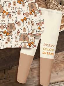 SHEIN Happikins 2pcs/Set Young Girl Casual Cute All-Over Print Drop Shoulder Loose Crew Neck Long Sleeve Sweatshirt And Contrast Color Leggings, Autumn/Winter