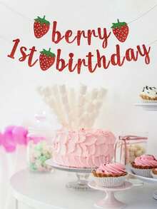 1set Red Strawberry Happy 1st Birthday Banner, Sweet Strawberry Decor Glitter Paper Pull Flag, Happy 1st Birthday Party Hanging Decoration Banner, Anniversary Party Room Wall Decoration Supplies, Babe Shower Party Hanging Decoration Flag, 1st Birthday Celebration Decorations, Party Photo Backdrop Props, 1st Birthday Hanging Decorations, 1st Birthday Gift Party Favors - Red Strawberry 1st - View 2