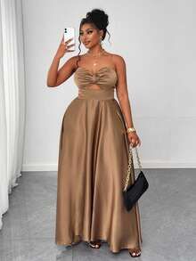 Maweii Plus Size Women Solid Color Ruched Waist Hollow Out Camisole Dress - Mocha Brown - View 7