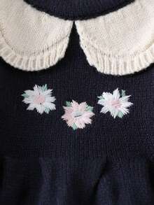 SHEIN Baby Girls Floral Embroidered Ruffled Collar Knit Sweater Dress,Navy Blue,Autumn,Elegant,Matching Family Long Sleeve Winter Knitted Collared Dress - Royal Blue - View 7