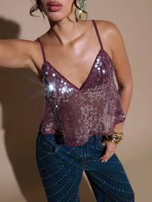 SHEIN BAE 女士性感亮片宽松V领吊带背心，适合冬季、圣诞节、新年、感恩节、派对等场合，优雅亮片设计，酒红色亮片背心，适合派对、聚会、约会和外出等场合。 - 酒紅色 - 查看 3