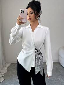 Selianne 女士佩斯利花纹侧结长袖不对称衬衫 - 白色 - 查看 4