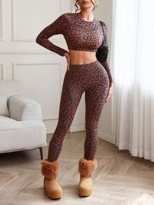 Slayform 女士长袖豹纹性感健身瑜伽T恤 - 彩色 - 查看 6