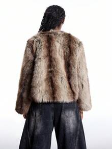 LYSMO Áo khoác lông giả tay dài hở phía trước màu trơn cỡ lớn thời trang thu đông cho nữ - Nhiều màu - Xem 2