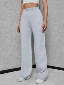 SHEIN Tall Casual Solid Drawstring Waist Straight Leg Sweater Pants - Grey - View 5