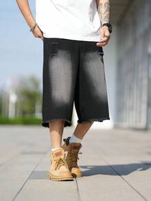 Manfinity EMRG 男士宽松休闲牛仔短裤，带口袋和磨损下摆，超大长短裤，纯黑色派对街头服饰，说唱歌手休闲裤，外出聚会，城市度假，emo 风格