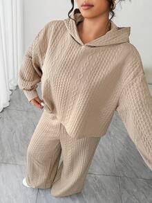 Elenzga Plus Size Women Loose Hooded Textured Two Pieces Set, Casual For Daily Commute