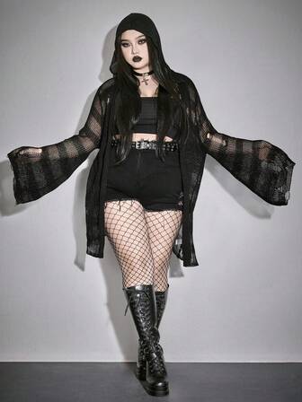 Grunge Punk Plus Size Women Punk Striped Distressed Loose Fit Hooded Cardigan Sweater