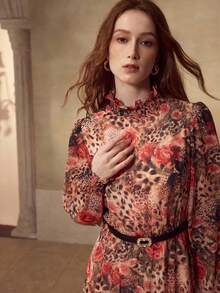 MOTF PREMIUM WOMEN'S ROSE & LEOPARD PRINT ELEGANT DRESS WITH FAUX PEARL BELT, SUITABLE FOR VACATION - Brown - View 1