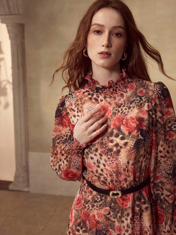 WOMEN'S ROSE & LEOPARD PRINT ELEGANT DRESS WITH FAUX PEARL BELT, SUITABLE FOR VACATION