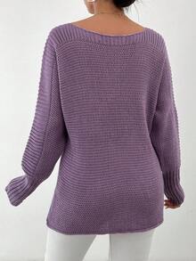 EURMUSE Solid Boat Neck Batwing Sleeve Sweater - Purple - View 2