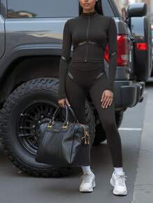 Innovista Women's Solid Color Long Sleeve Top And Pants Slim Fit Cycling Outfit Workout F/W Athletic Wear, Utilitarian Chic - Black - View 7