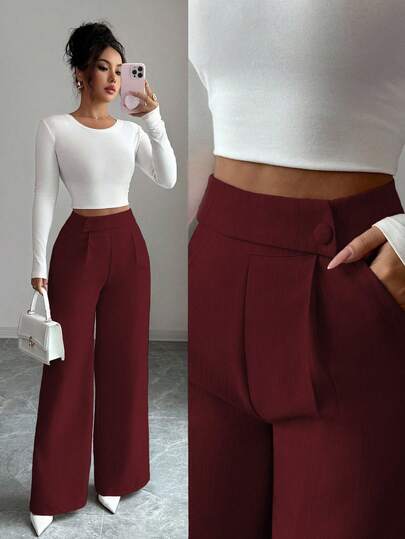 Elenzga Women's Bamboo Fabric Waist Front Overlay Buckle Design Elegant Teacher Uniform Professional Casual Pants, Thanksgiving, Halloween Essential Versatile Loose Flowy Straight Leg Pants