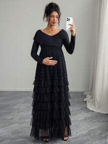 Momance Elegant Twist Knot Off-Shoulder Asymmetric Ruffle Hem Maternity Dress - Black - View 6