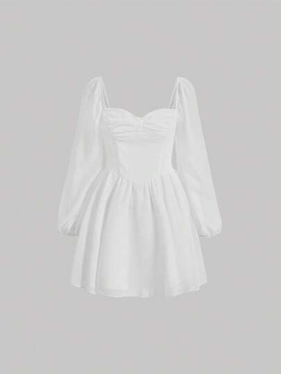 SHEIN MOD Herzausschnitt-Laternärmel Geraffter Büste Weißes Langarm-Kurzkleid