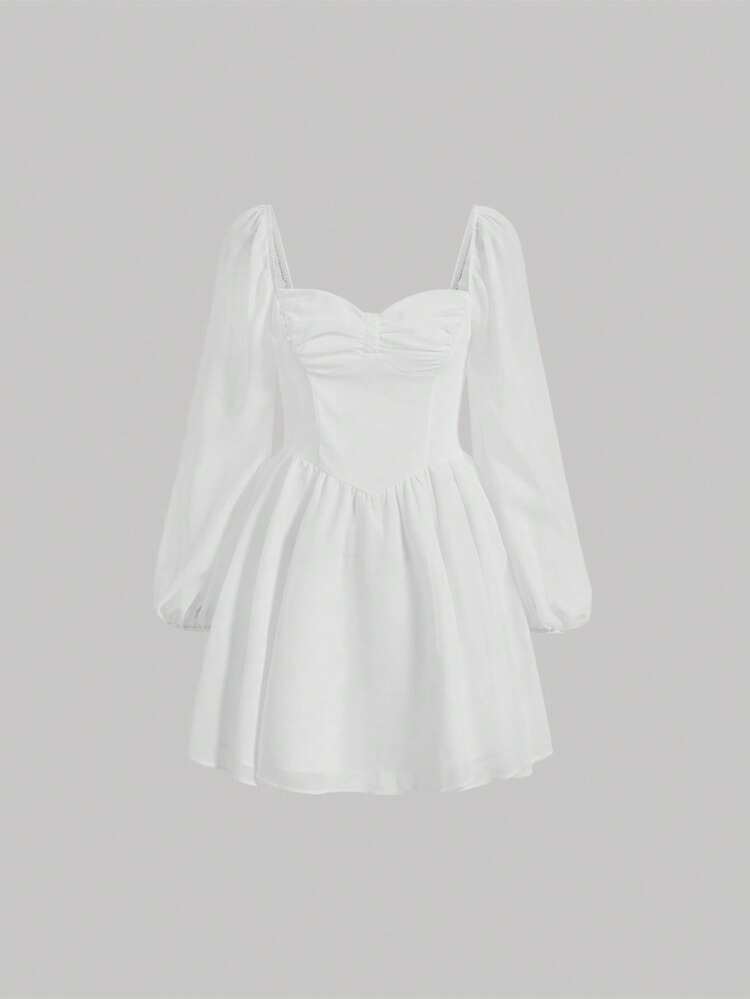 shein mod sweetheart neck lantern sleeve ruched bust dress SHEIN MOD Sweetheart Neck Lantern Sleeve Ruched Bust Dress