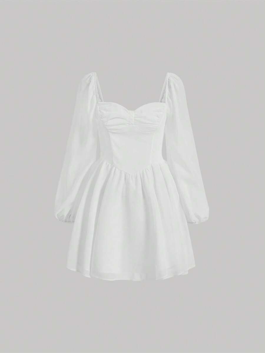 SHEIN MOD Sweetheart Neck Lantern Sleeve Ruched Bust White Long-Sleeved Short Dress - White - View 1