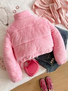 女童纯色蓬松厚腰抽绳连帽夹克，防尘，时尚街头服饰，适合户外活动和日常穿着，Y2K 冬季酷白棉服 - 粉色 - 查看 2