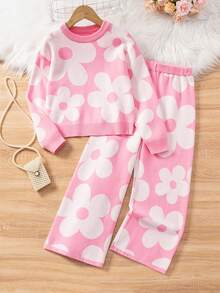 女童提花针织毛衣和紧身裤两件套，时尚款式，长袖，秋冬 - 粉色 - 查看 1