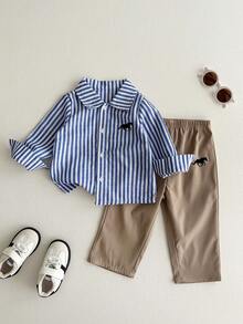 SHEIN 2pcs Baby Boy British Style Striped Collar Button-Up Polo Print Thick Shirt & Casual Trousers Suit, Thermal Lined, Suitable For Winter - Multicolor - View 5