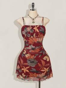 SHEIN ICON 大码女式暑假和返校服装，复古枫叶印花荷叶边连衣裙，适合夏季 - 酒紅色 - 查看 4