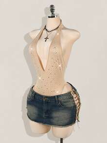 SHEIN ICON Rhinestone Embellished Deep V-Neck Halter High Slit Backless Bodysuit For Women - Khaki - View 8