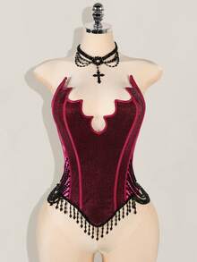 SHEIN ICON Top corto con forma de murciélago hecho de espinas de pescado para mujeres - Burdeos - Ver 1