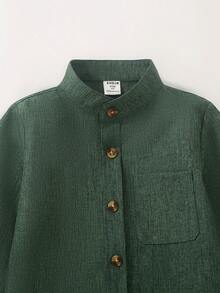 SHEIN 男童休闲日常通勤字母拼布口袋立领长袖衬衫，秋季/春季 - 綠色 - 查看 5