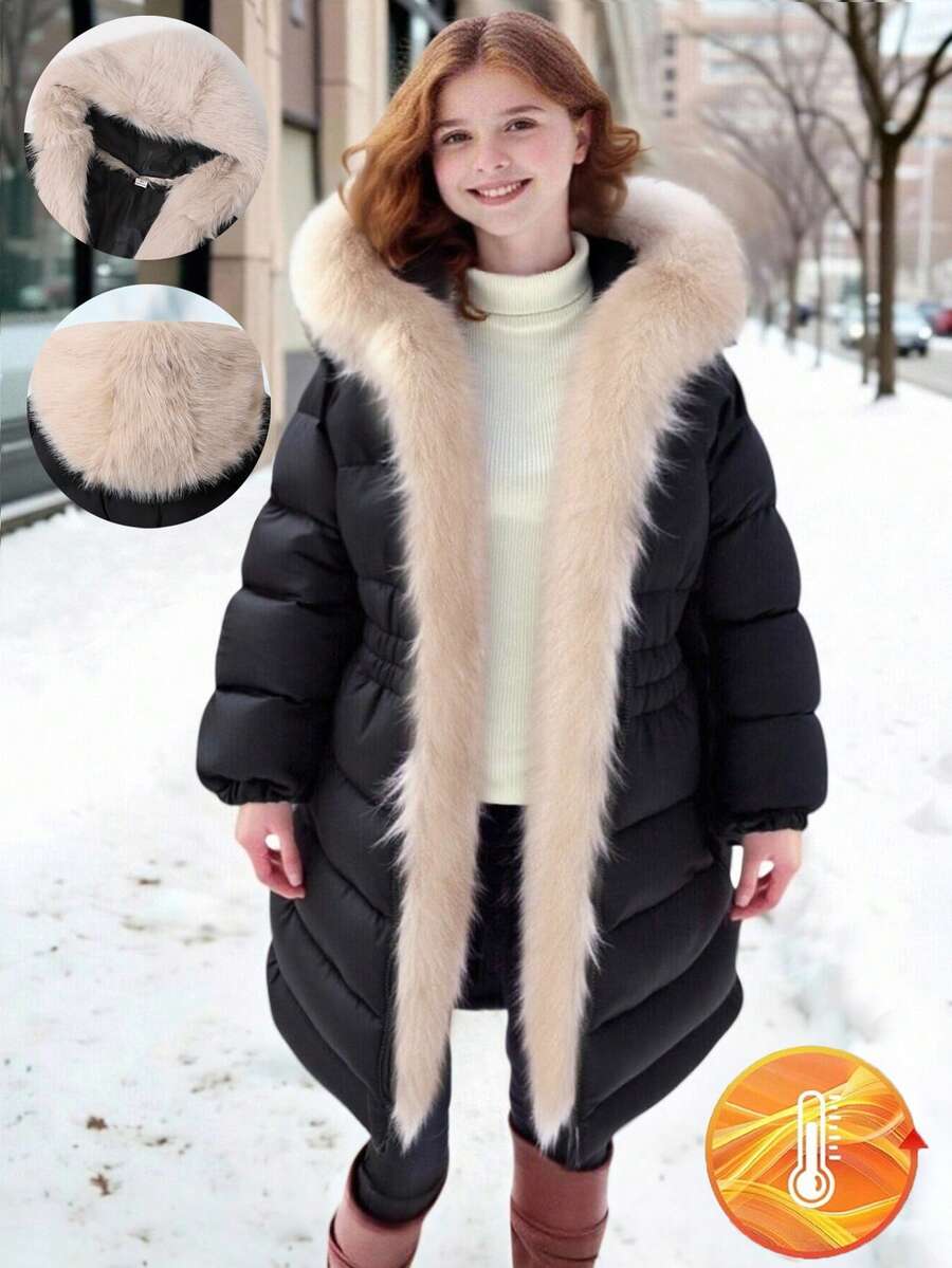 SHEIN 1 件女童毛绒长款连帽派克大衣，优雅冬季日常穿着 - 黑色 - 查看 1