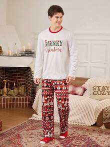 Manfinity CoupledUp Weihnachten Fröhliche Schrift Muster Langarm Top & Rentier, Schneeflocke, Weihnachtsbaum Muster Hose Herren Pyjama Set Herbst Winter Kleidung Passendes Paar Pyjama Set Weihnachts Pyjamas Paar Herren Pjs Set