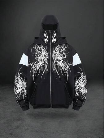 Street Life Sudadera con capucha de manga larga con cremallera y color de contraste para uso casual en la calle para hombres