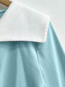 Franclia Women's Color Block Splice Collar Long Sleeve Front Button Fashionable Elegant T-Shirt - Blue and White - View 4