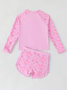 少女长袖比基尼上衣和短裤两件套，随机印花 - 粉色 - 查看 2